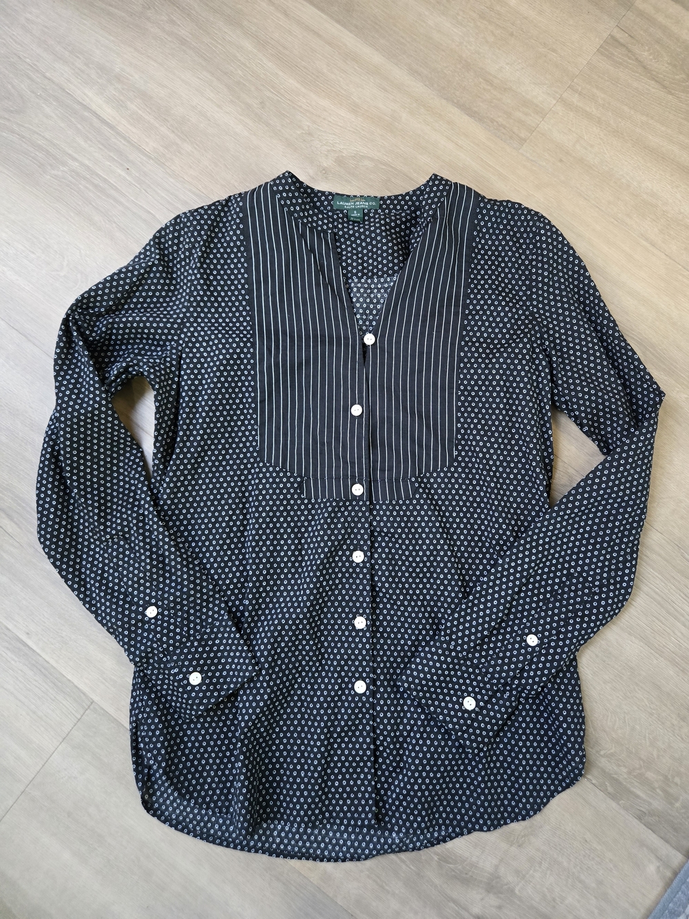 Ralph Lauren Button-Down Shirt with White Dot Pattern and Striped Bib